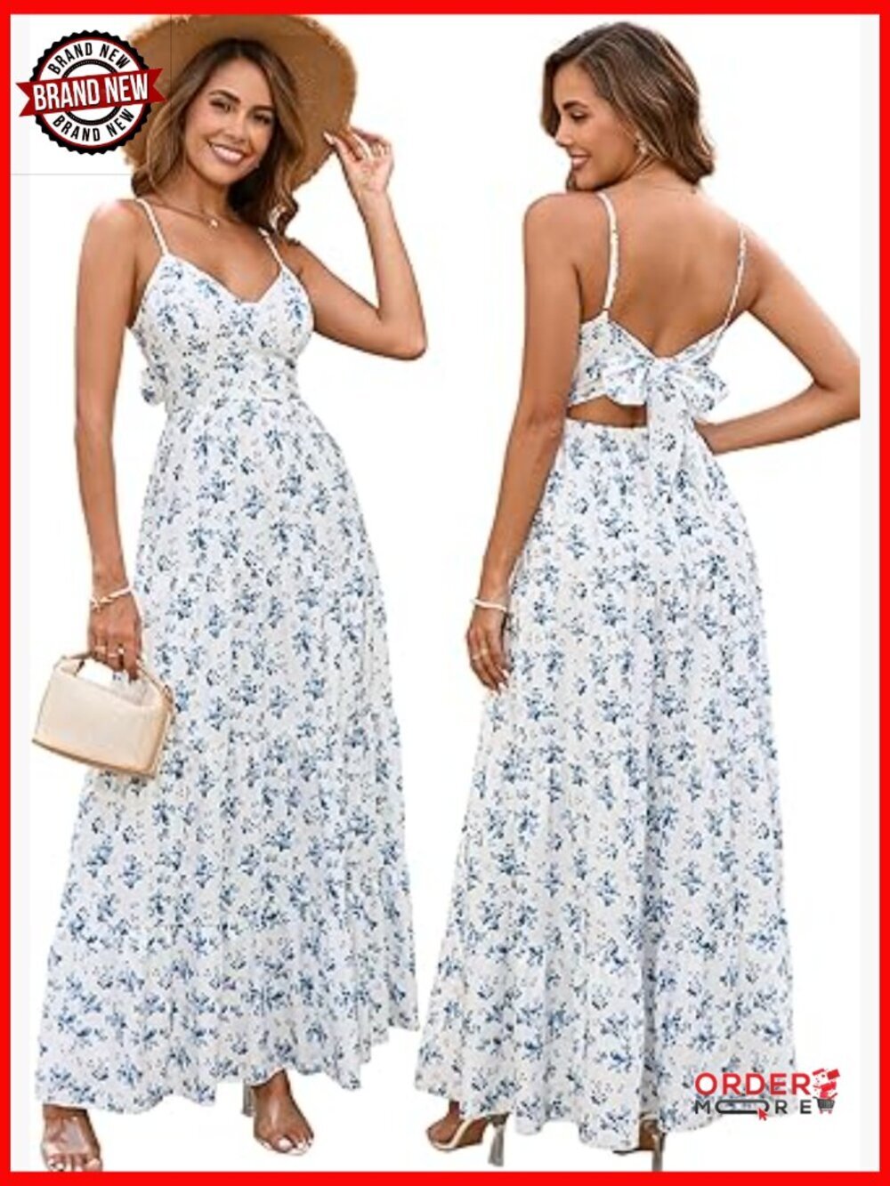 Women's Casual Summer Floral Maxi Sundress V Neck Spaghetti Strap Bow Tie